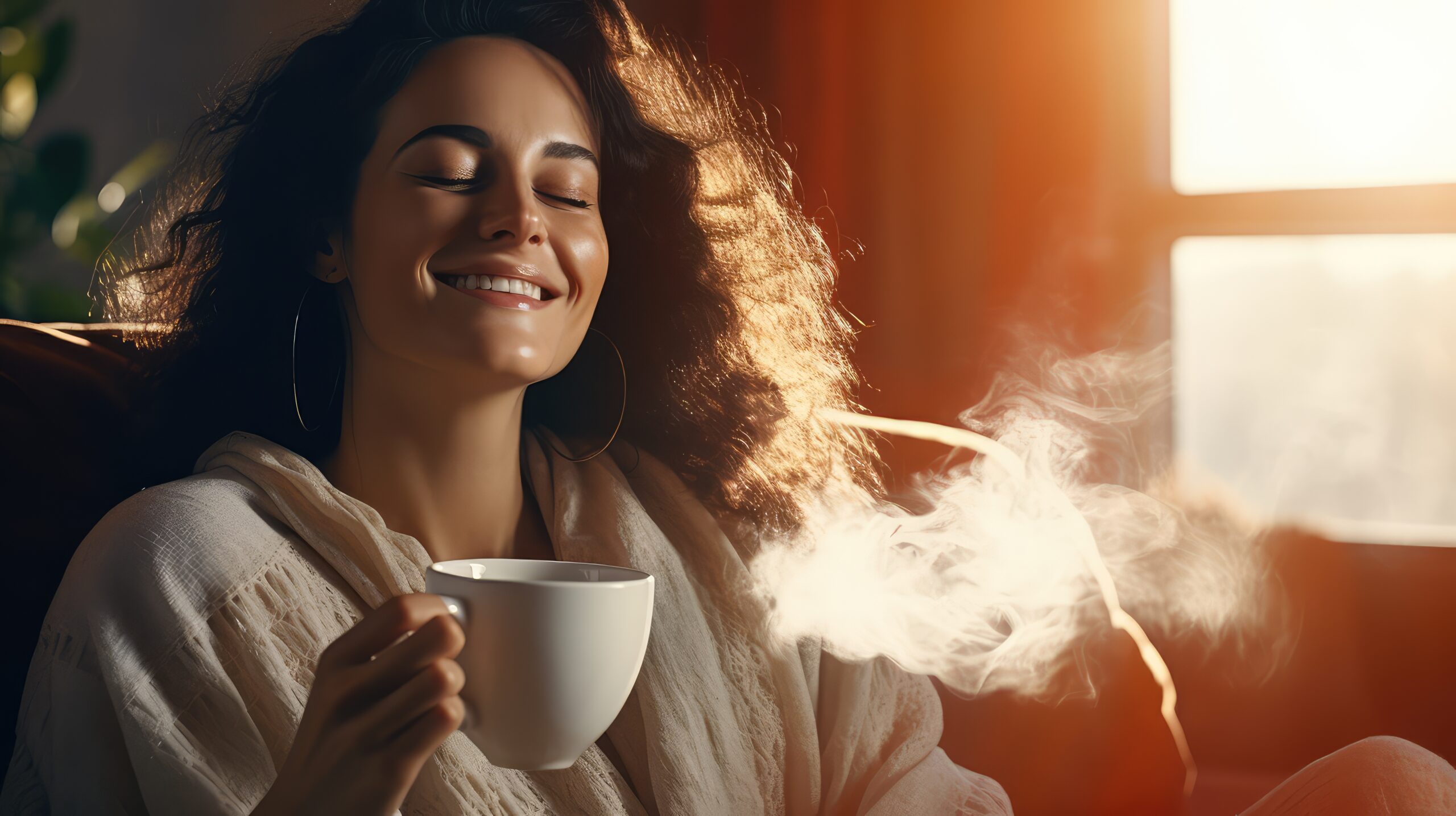 steaming happy morning coffee